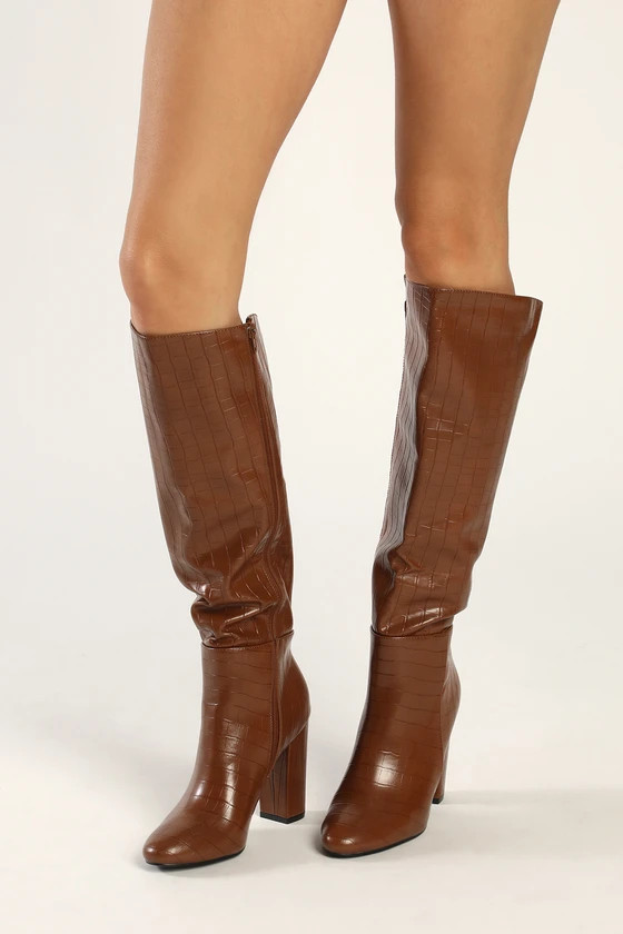 Giseley Brown Crocodile-Embossed Knee High Boots | Lulus (US)