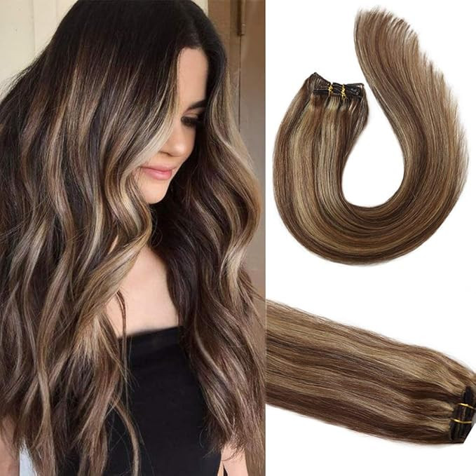Clip in Hair Extensions Human Hair Brown Clip on for Fine Hair Full Head 7 pieces 15 inch Silky S... | Amazon (US)