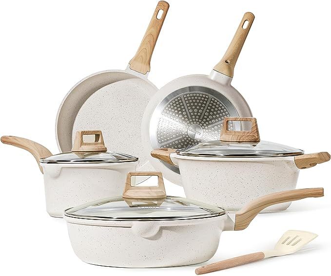 CAROTE Pots and Pans Set，Nonstick Cookware Sets Induction Cookware, White Granite 9 Pcs Non Sti... | Amazon (US)