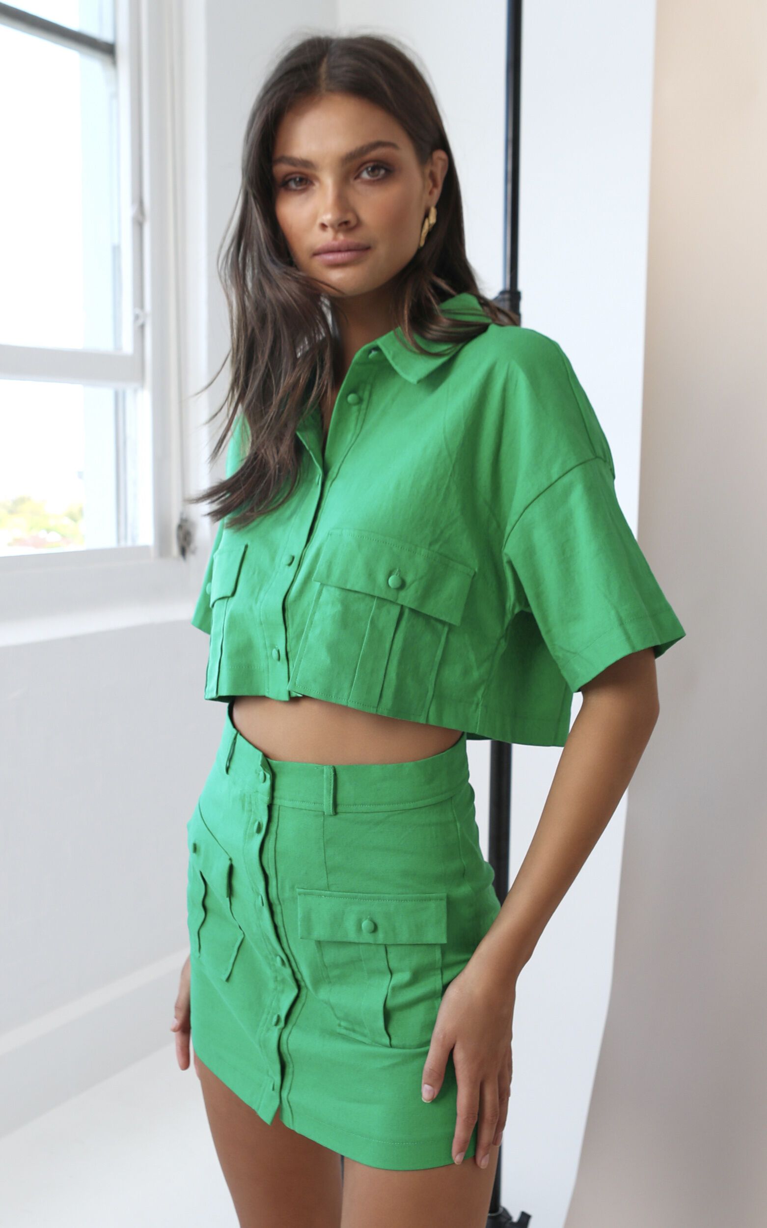Navine Button Front Crop Top and Cargo Pocket Mini Skirt Two Piece Set in Green | Showpo (US, UK & Europe)