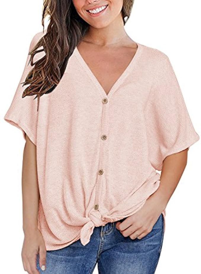 MIHOLL Womens Loose Blouse Short Sleeve V Neck Button Down T Shirts Tie Front Knot Casual Tops | Amazon (US)