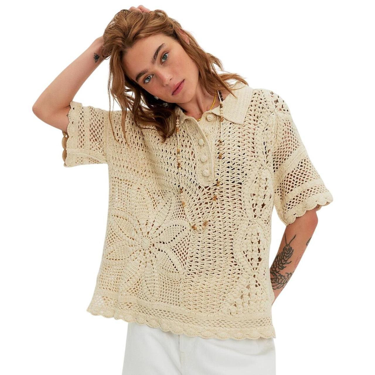 Free People Women's Polo shirt - Cream - 30B | Depop US