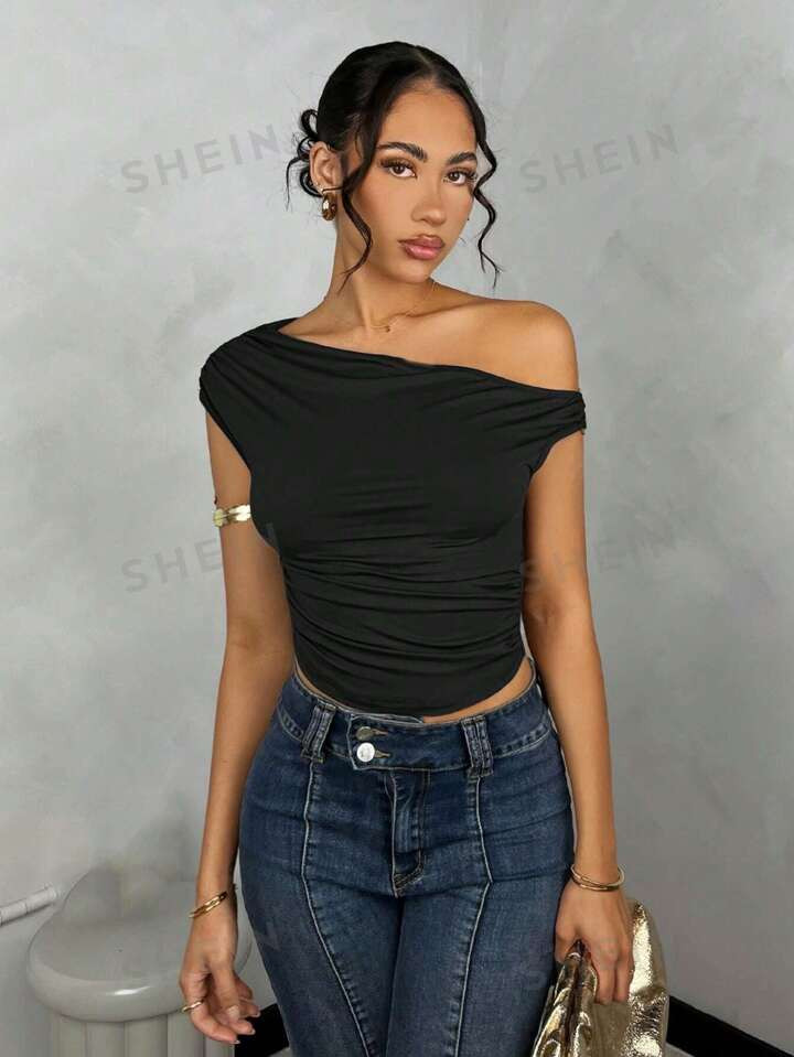 SHEIN BAE Women's Solid Color Ruched Asymmetrical Asymmetrical Neck Top For Summer | SHEIN