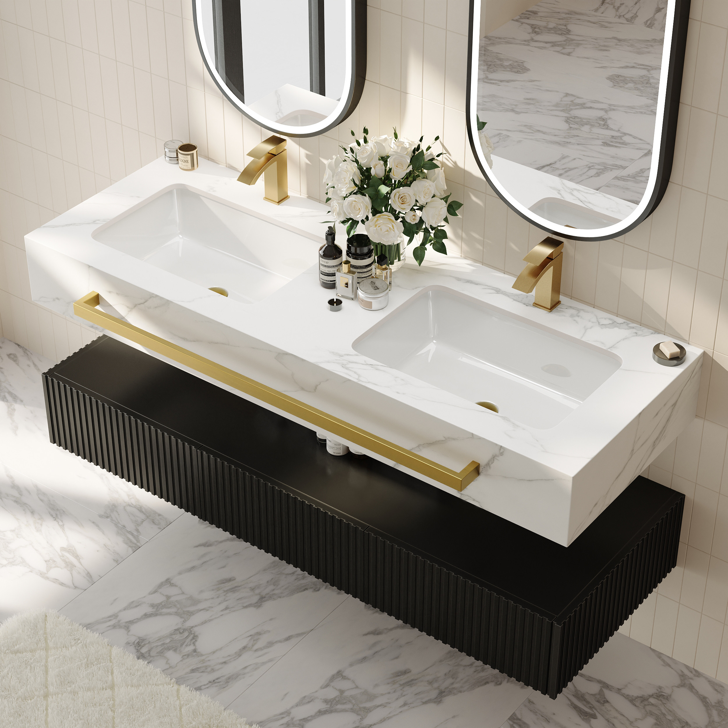 55"" Double Sink Bathroom Vanity with Sintered Stone Countertop & Gold Towel Bar | Homary