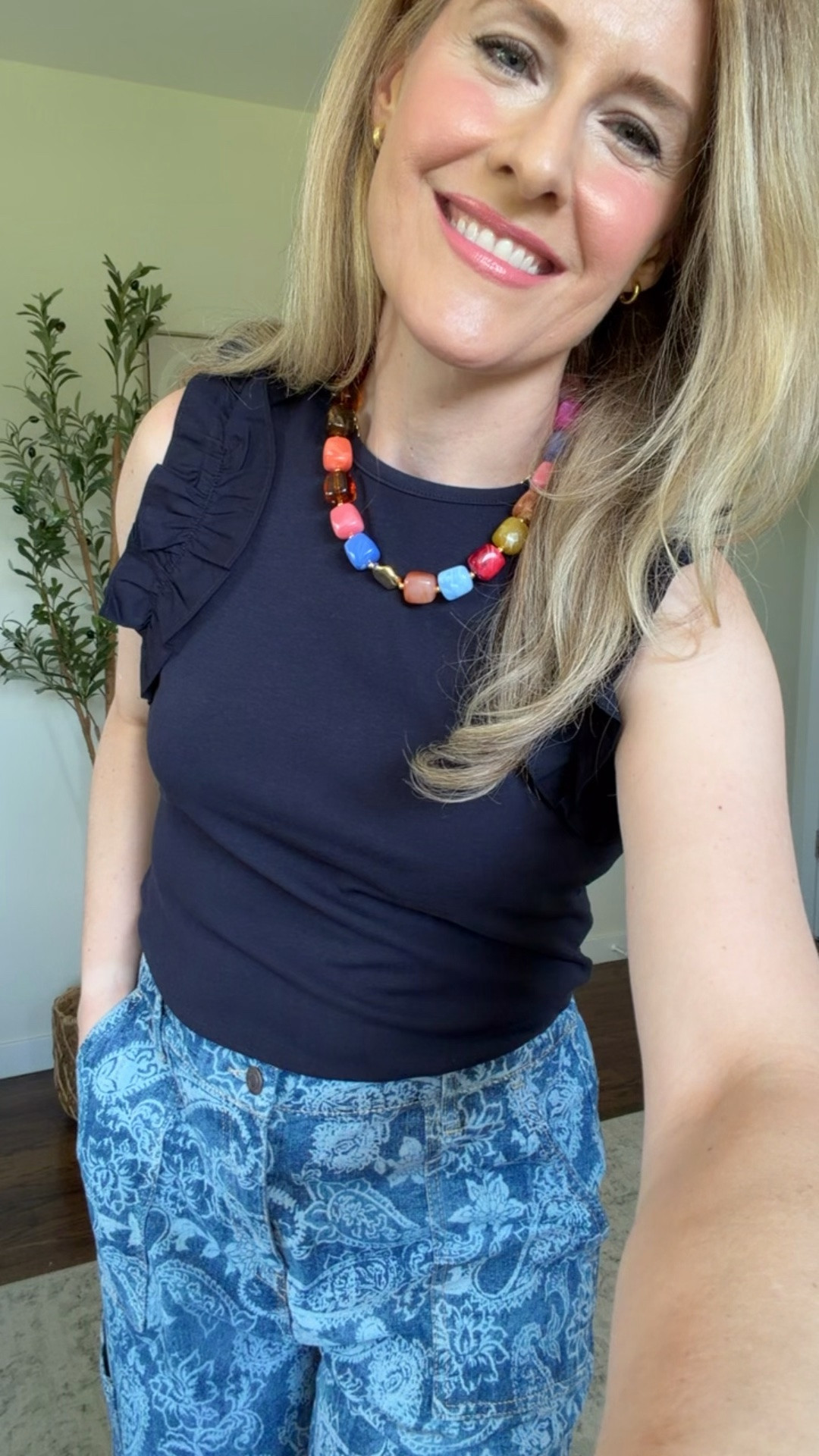 Walmart summer outfit idea with this ruffle detail tank and paisley cargo pants! I’m a medium in the top and I’m wearing a medium in the pants but need the small. Come in lengths! #walmartfashion

#LTKOver40