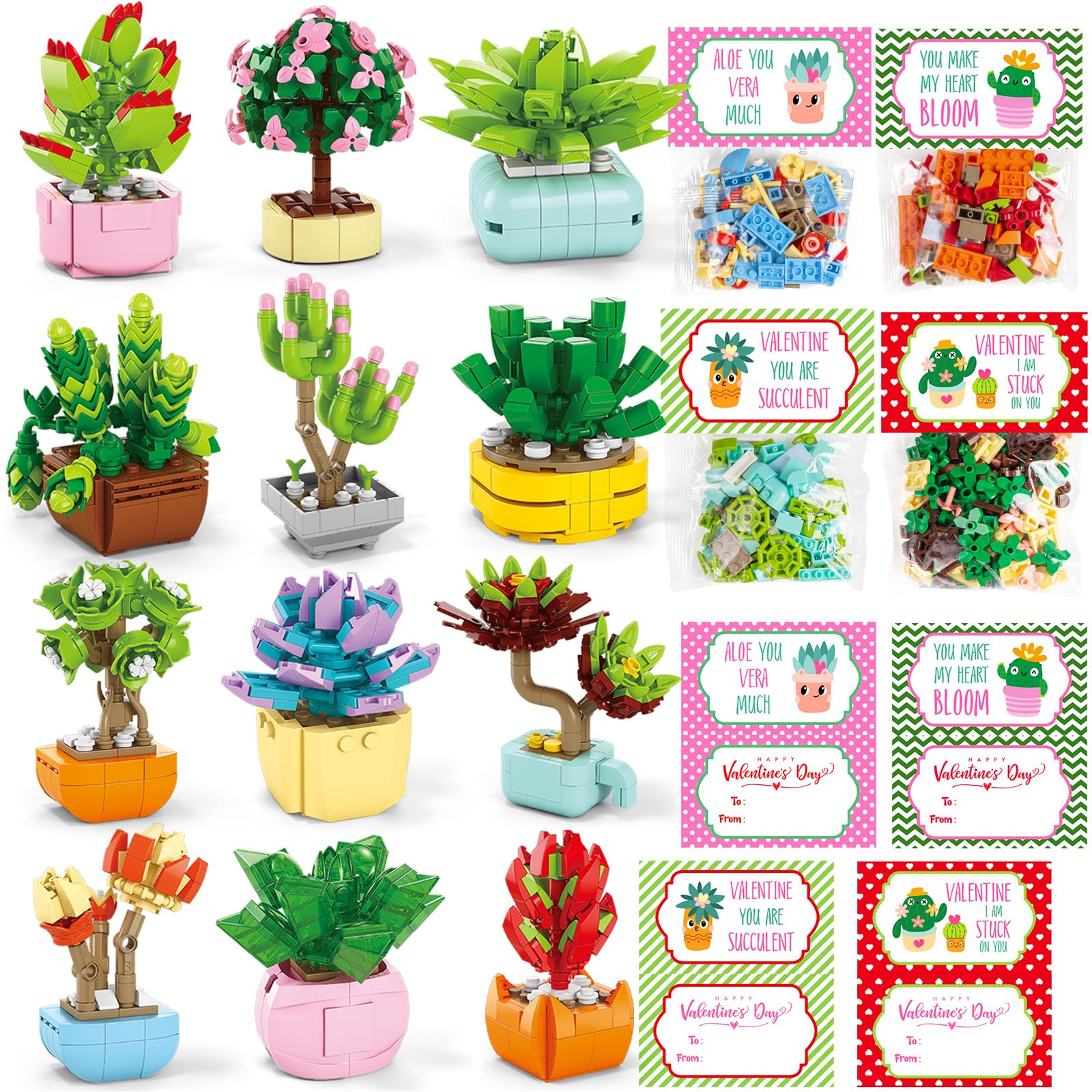 Valentines Gifts for Kids 6-12, 24 Pack Succulents Flower Bouquets Building Blocks with Gift Card... | Amazon (US)