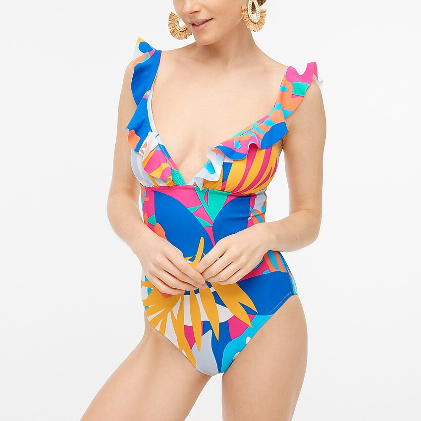 Floral ruffle-shoulder V-neck one-piece swimsuit | J.Crew Factory