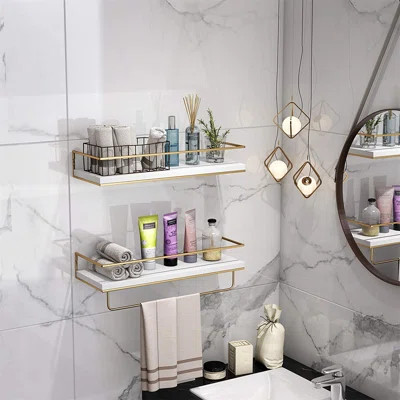 Wall Mounted Hanging Shelves With Golden Towel Rack, Decorative Storage Shelves For Bathroom, Kitchen, Living Room Bedroom (White) | Wayfair North America