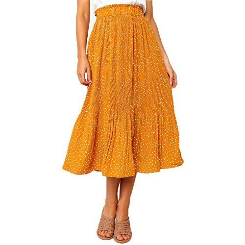 Exlura Womens High Waist Polka Dot Pleated Skirt Midi Swing Skirt with Pockets Mustard Yellow X-Large | Amazon (US)