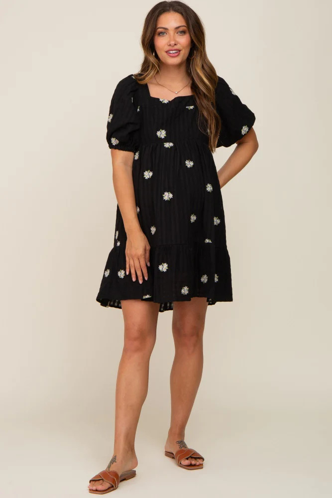 Black Floral Embroidered Puff Sleeve Maternity Dress | PinkBlush Maternity