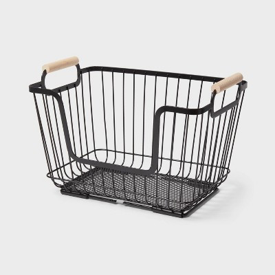 Metal Stackable Wire Pantry Basket with Rubber Wood Handle Black - Brightroom™: Kitchen Storage Organizer, 9"x13.5" | Target