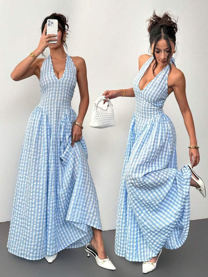 Siren Gaze Women's Waist Ruched Halter Umbrella Hem Dress, Blue And White Checkered Dress, Long D... | SHEIN