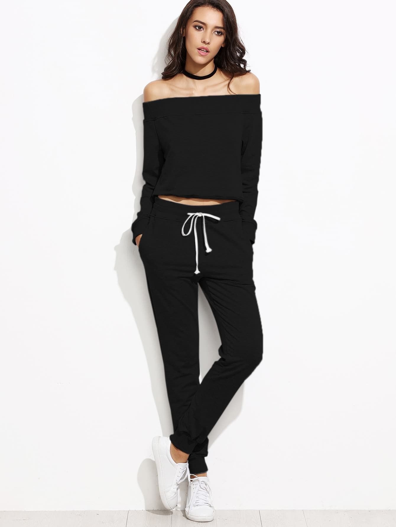 Black Off The Shoulder Top With Drawstring Pants | Romwe