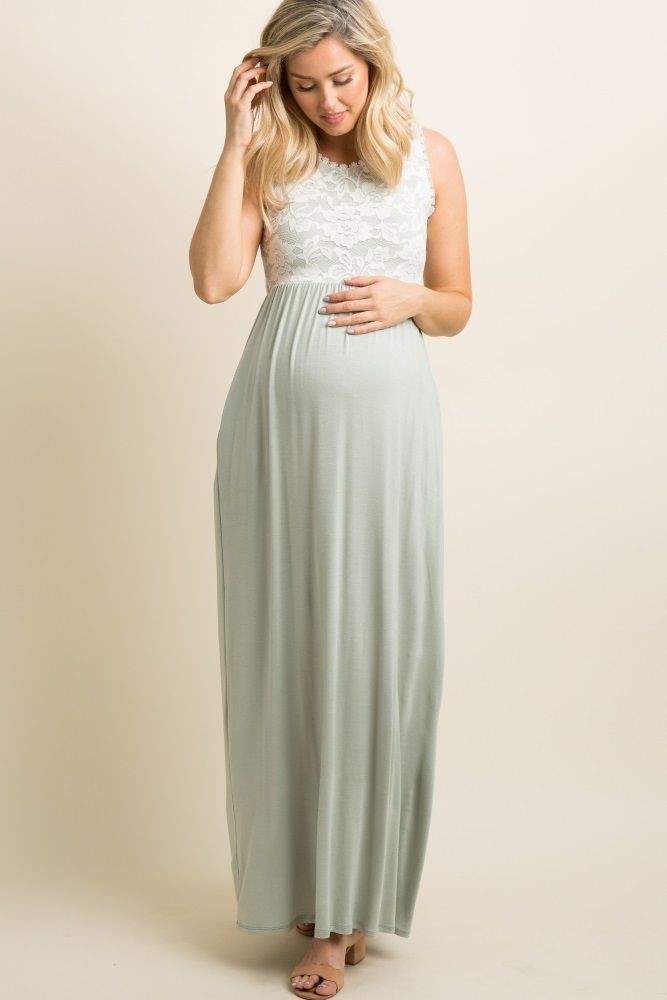 PinkBlush Sage Green Lace Overlay Top Maternity Maxi Dress | PinkBlush Maternity