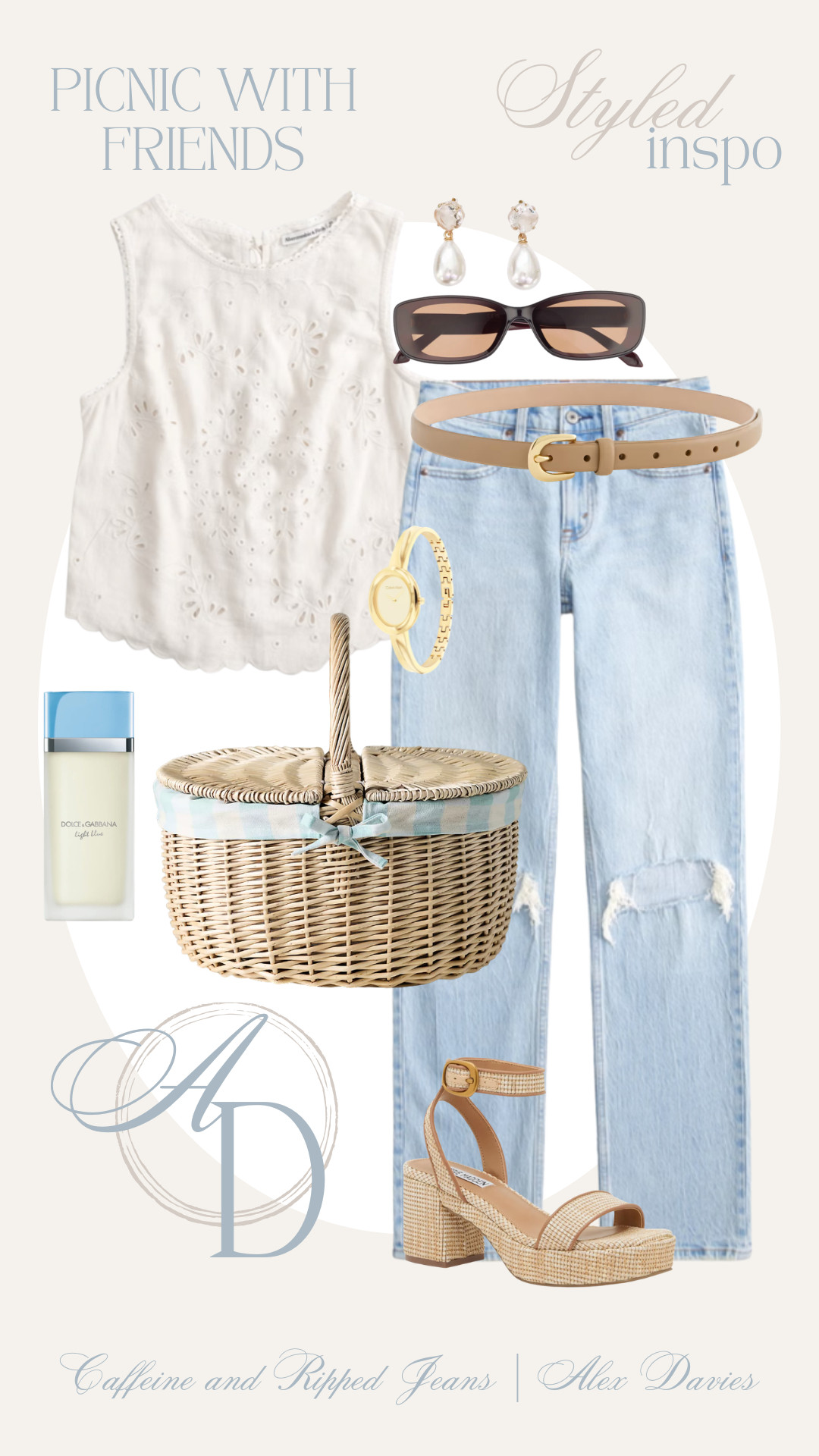 // spring casual outfits 2026 // casual outfit inspo // spring casual outfit // eyelet top // denim // quay sunglasses // picnic basket // perfume // earrings // calvin klein watch // dainty gold watch // 

 #LTKgrwm #LTKootd #LTKSeasonal