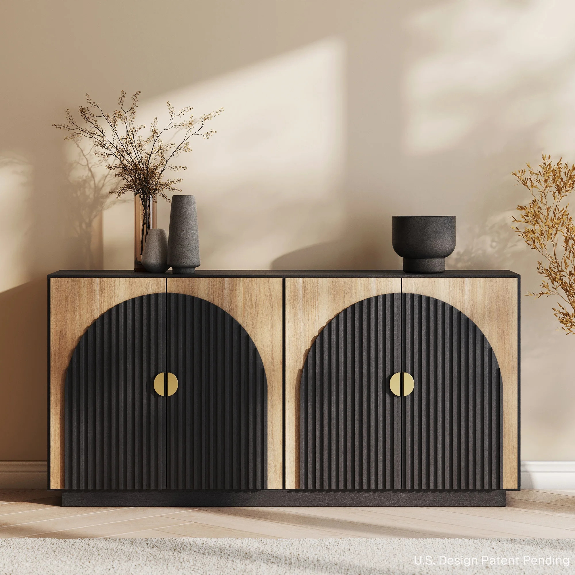 BELLEZE 65 Inch Fluted Buffet Cabinet with Storage, Symmetrical Arc Accent Sideboard Large Consol... | Walmart (US)