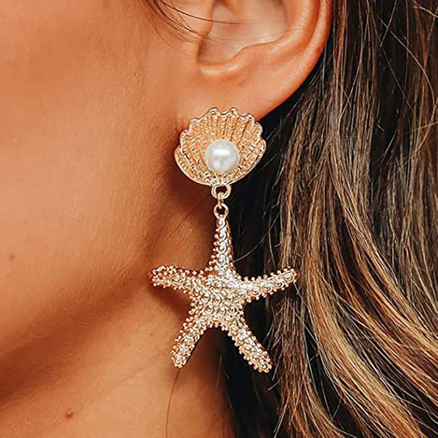 Anlagrace Halloween Gold Big Starfish Earrings with Pearl for Women Girls Boho Sea Star Earrings Gol | Amazon (US)