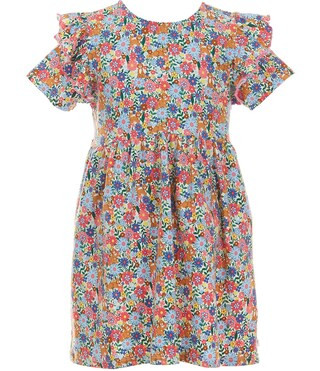 Little Girls 2T-6X Puppy Floral Print Round Neck Cap Sleeve Shift Dress | Dillard's