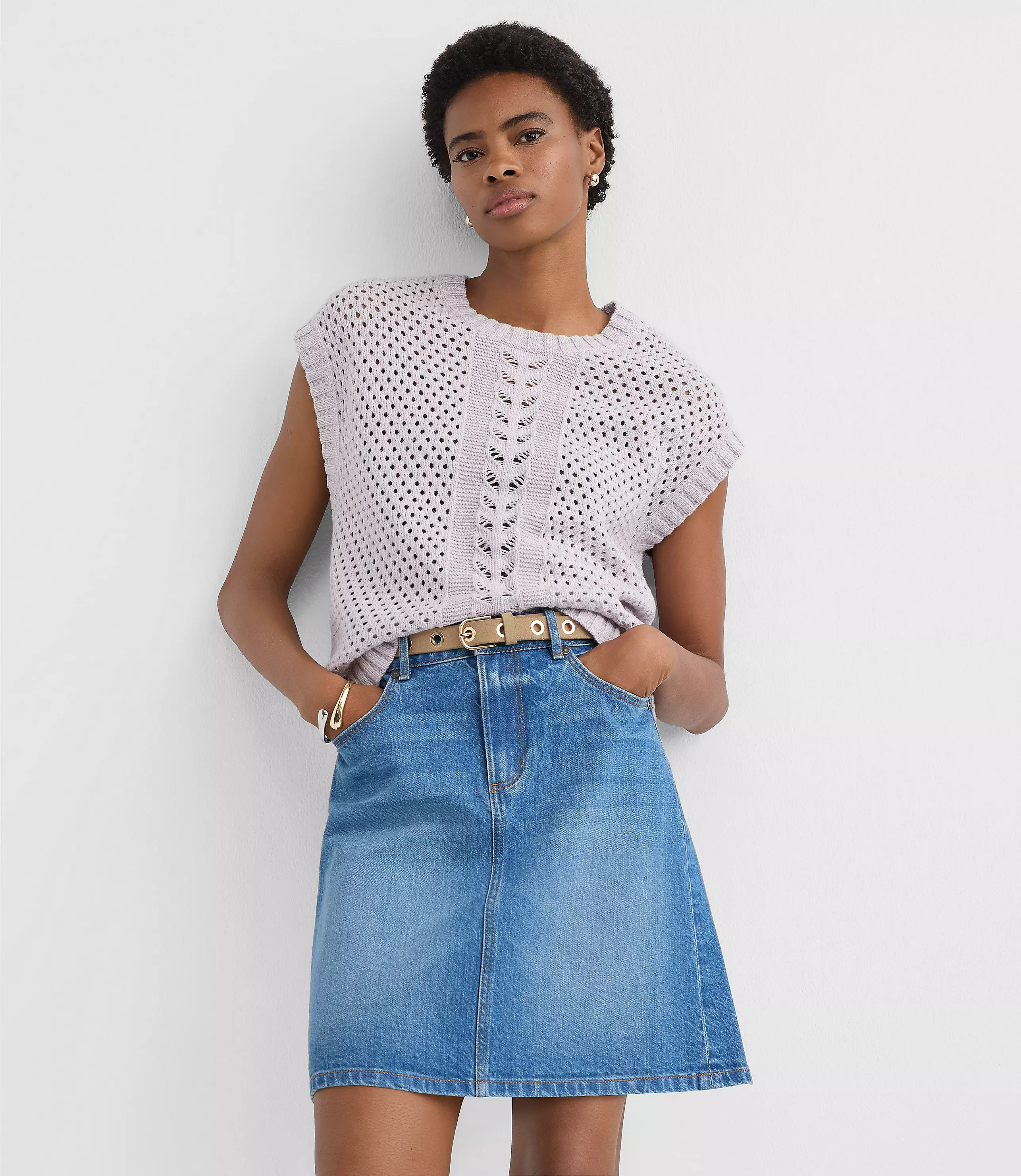 Mixed Pointelle Cap Sleeve Sweater | LOFT