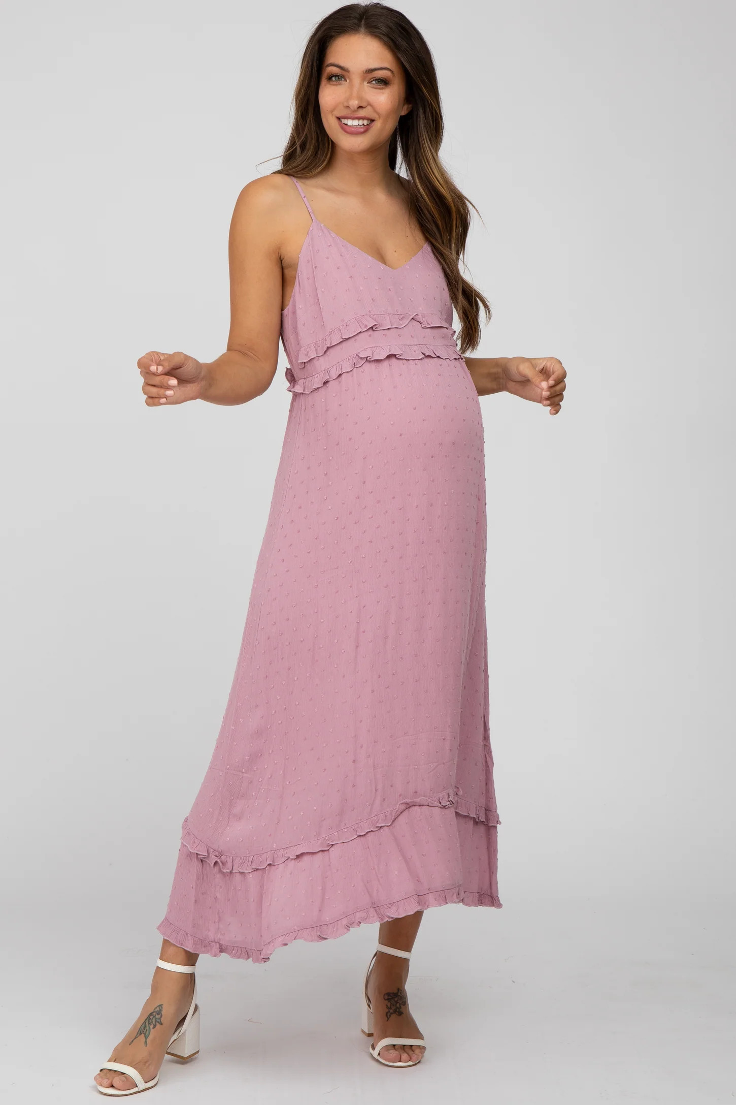 Mauve Swiss Dot Ruffle Accent Maternity Maxi Dress | PinkBlush Maternity