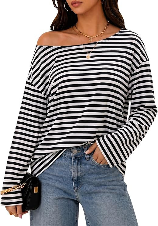 Flowyair Womens Off the Shoulder Tops Striped Polka Dot Long Sleeve Casual Loose Fit Asymmetrical... | Amazon (US)