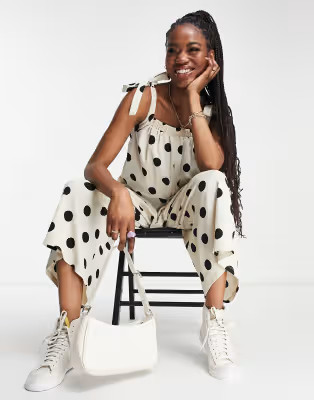 ASOS DESIGN ruched tie shoulder smock jumpsuit in mono spot | ASOS (Global)