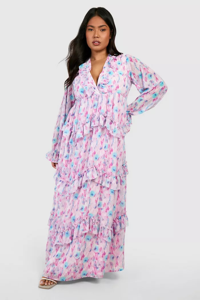 Plus Blurred Floral Ruffle Maxi Dress | boohoo (US & Canada)