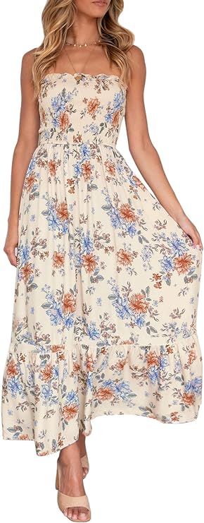 ZESICA Women's Summer Bohemian Floral Printed Strapless Beach Party Long Maxi Dress | Amazon (US)