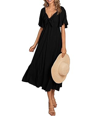 PRETTYGARDEN 2025 Summer Dress for Women Casual Short Sleeve Bow Tie V Neck Ruffle Midi Flowy Dre... | Amazon (US)