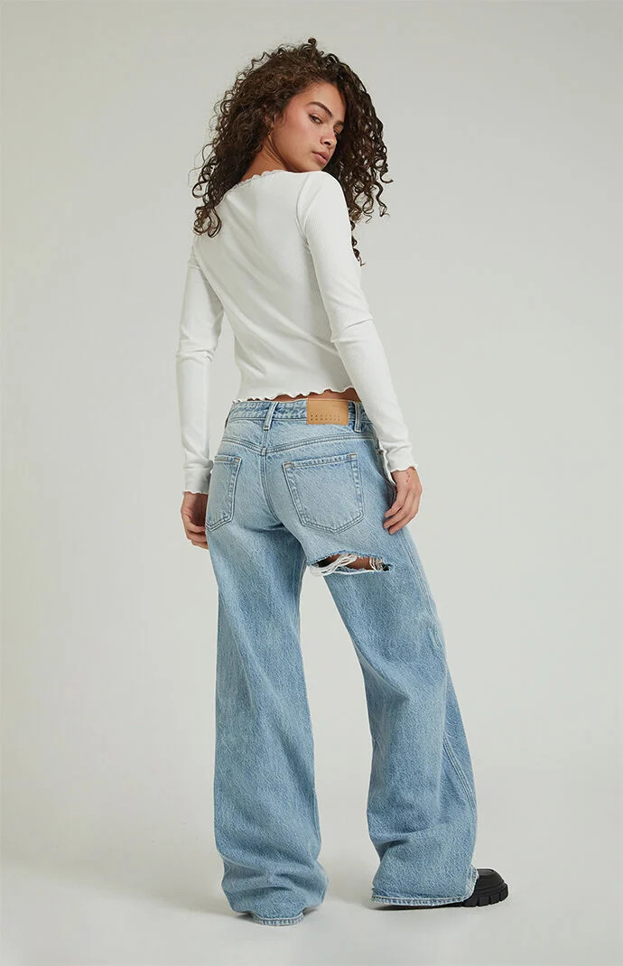 Women's Casey Light Indigo Butt Slit Low Rise Baggy Jeans in Medium Indigo - Size 34 Short | PacSun