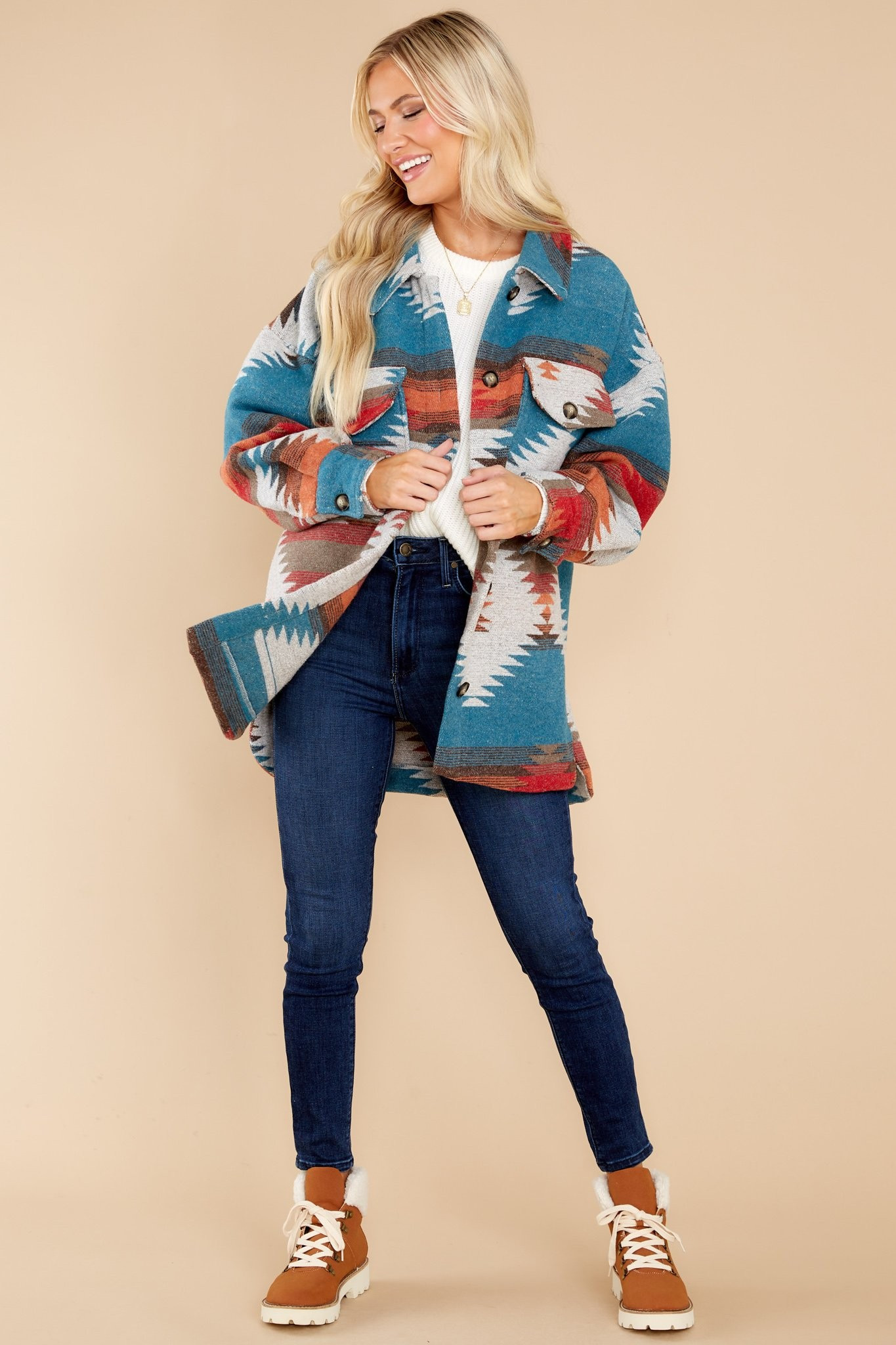 Seamless Transition Teal Multi Print Coat | Red Dress 