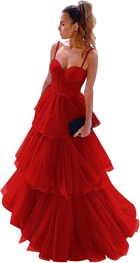 Tiered Prom Dresses for Women Ruffles Tulle Bow Back Long Formal Evening Party Ball Gowns | Amazon (US)
