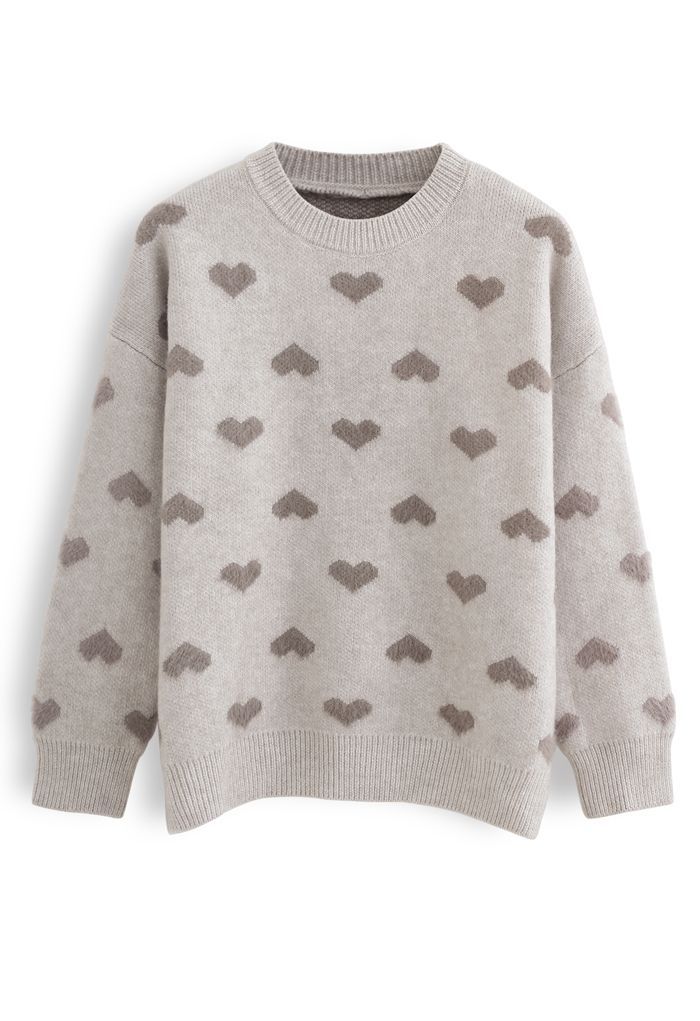 Contrast Color Fuzzy Hearts Knit Sweater in Taupe | Chicwish