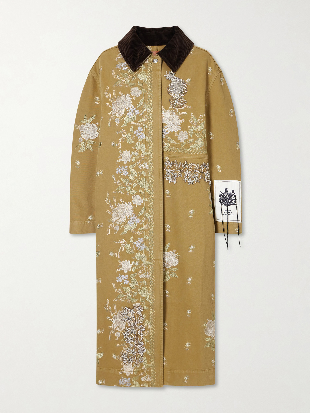 Erdem - Embellished Corduroy-trimmed Embroidered Denim Coat - Green | NET-A-PORTER (US)