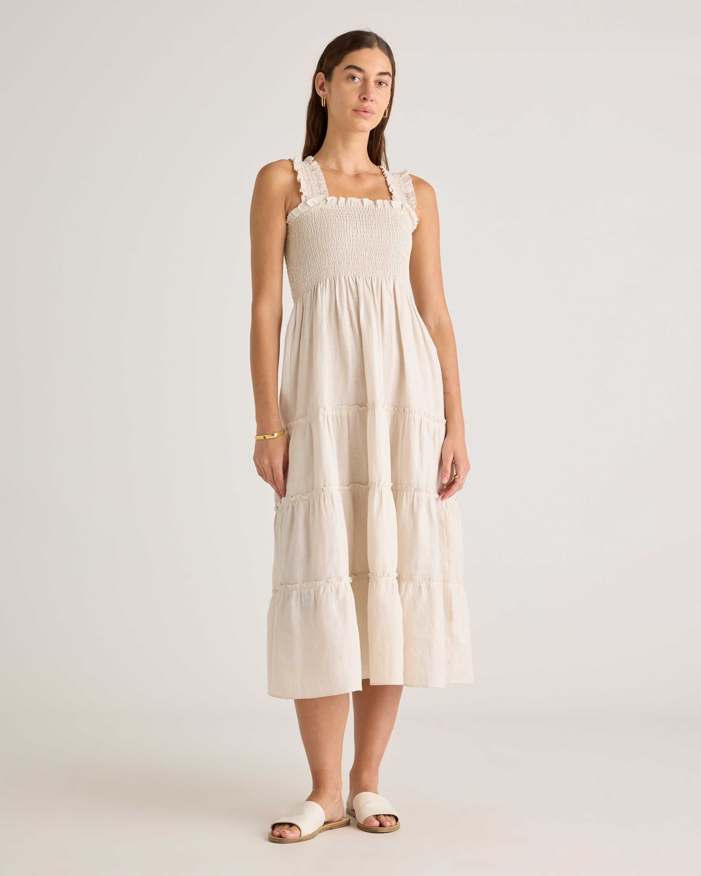 Quince | Women's 100% European Linen Smocked Midi Dress in Sand, Size XL | Quince