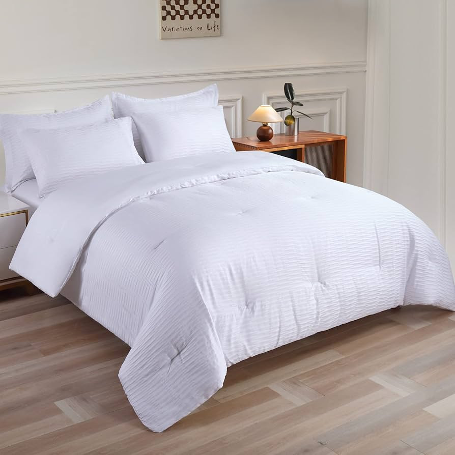 Yunyiio Queen Comforter Set 7 Pieces White Bed in a Bag Seersucker Microfiber Bedding Set Include... | Amazon (US)