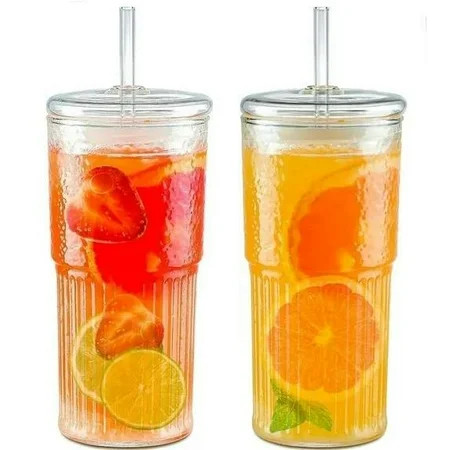 2 Pack 20oz Drinking Glasses, Glass Cups with Lids and Glass Straws, High Borosilicate Glass Tumbler, Iced Coffee Cup, Water Glass Cup(Clear) | Walmart (US)