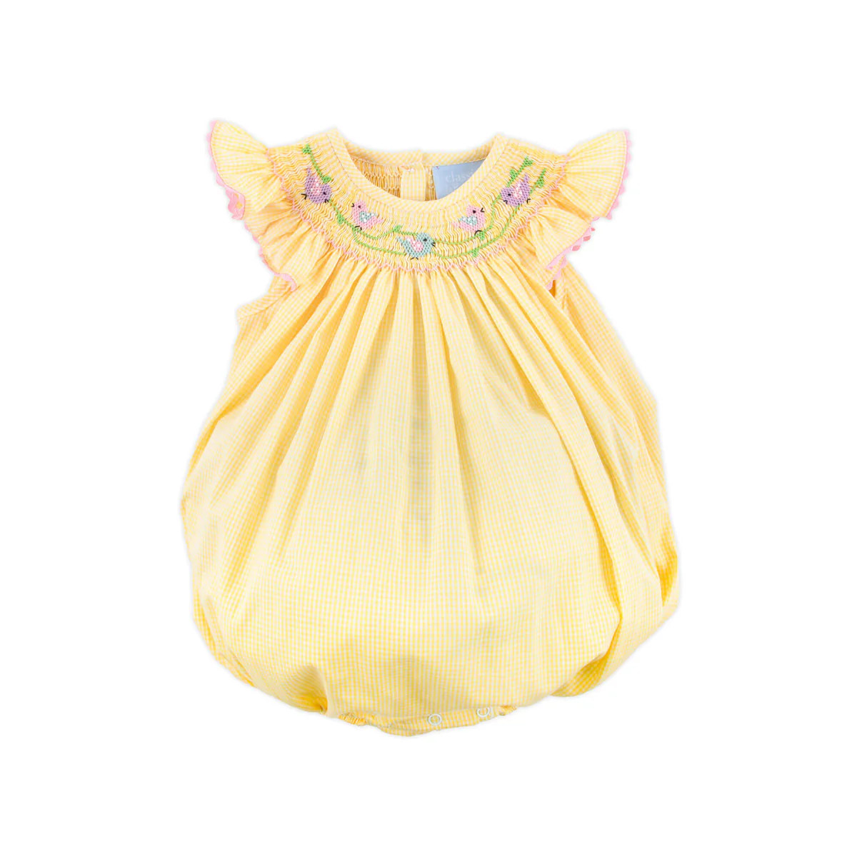 Yellow Check Bird Smocked Bubble | Classic Whimsy
