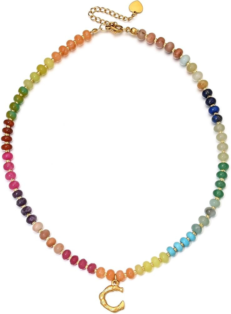 Personalized Colorful Beaded Initial Necklaces for Women Boho Summer Beach Stone Letter Choker Ne... | Amazon (US)