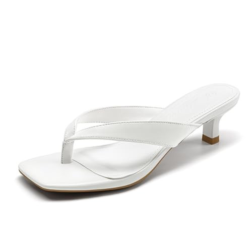 Athlefit White Kitten Heels for Women Dressy Flip Flops Square Toe Summer Short Low Heels Slip On Thong Heeled Sandals White Size 7.5 | Amazon (US)