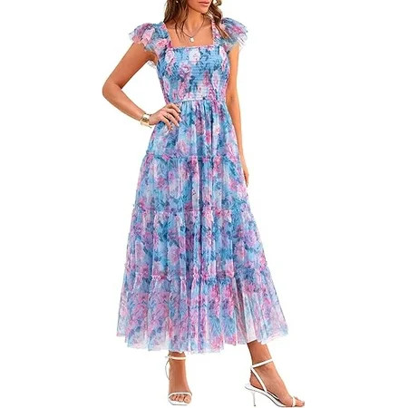 PRETTYGARDEN Women's Midi Tulle Dress Sleeveless Smocked Square Neck Ruffle Flowy Party Wedding Guest Sundress | Walmart (US)