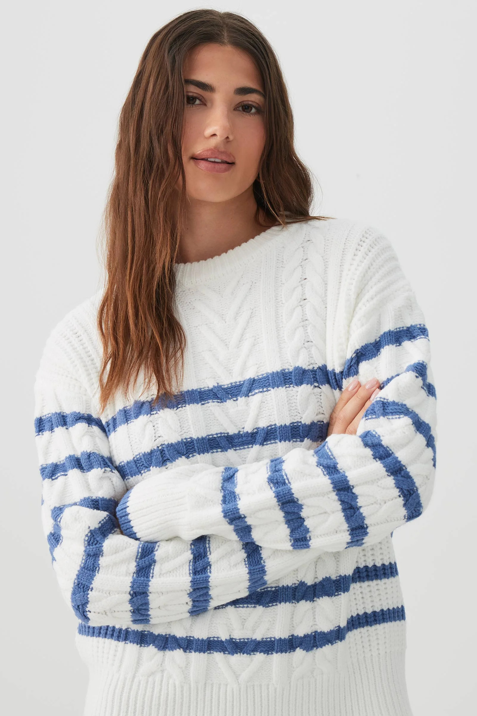 Striped Long Cable Knit Sweater | Ardene