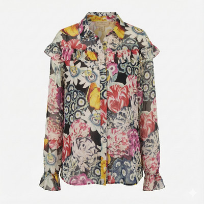 Burberry Silk Ruffle Blouse Sheer Floral Print Passion Flower Garden US 2 | eBay US