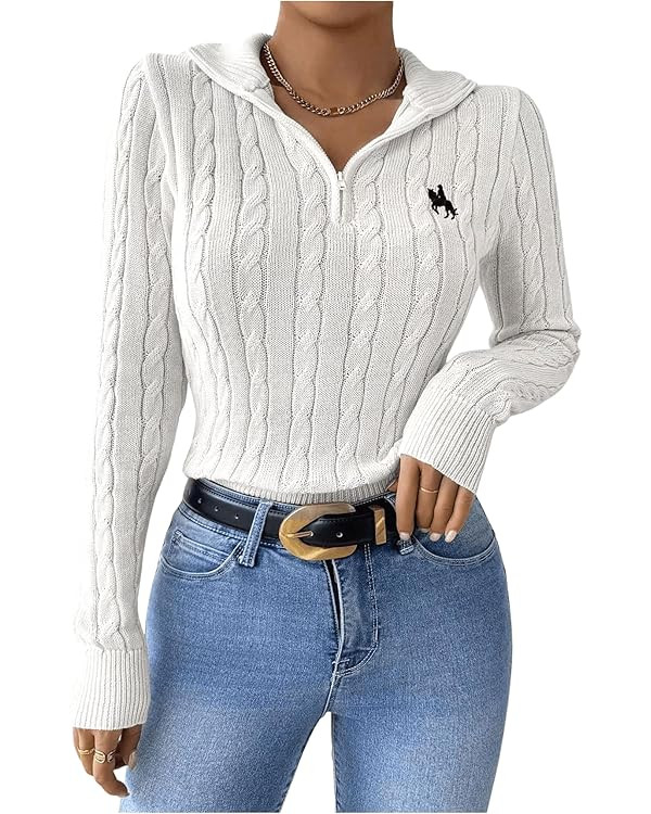 Verdusa Women's Cable Knit Sweater Quarter Zip Pullover Small Horse Logo Collared Long Sleeve Top... | Amazon (US)