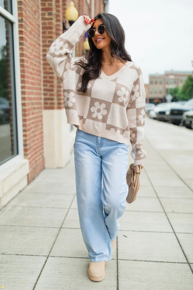 Found A New Way Mocha V-Neck Checkered Flower Sweater SALE | Pink Lily