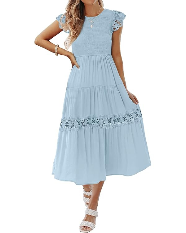 ZESICA Women's Casual Crew Neck Flutter Sleeve Smocked High Waist Hollow Out Lace Trim Tiered A L... | Amazon (US)