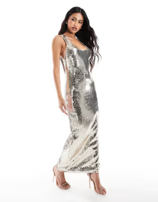 ASOS DESIGN sheer sequin super scoop neck midi dress in silver | ASOS (Global)