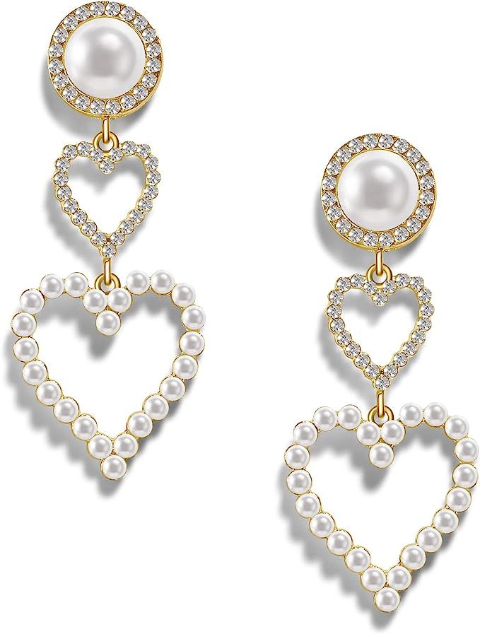 PopTopping Pearl Heart Drop Earrings Love Heart Dangle Earrings For Women Pearl Heart Hoop Earrin... | Amazon (US)