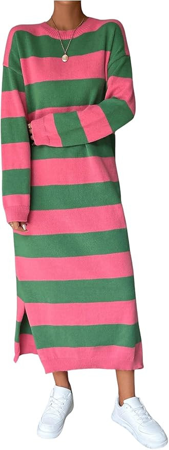 GORGLITTER Women's Striped Maxi Sweater Dress Slit Long Sleeve Crewneck Knit Oversized Dresses | Amazon (US)