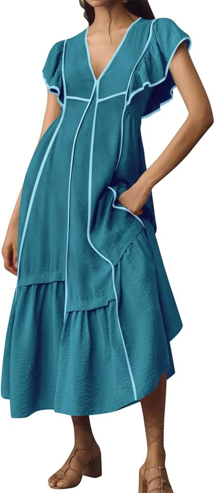 Wenrine Womens Summer V Neck Midi Dress Casual Ruffle Sleeve Contrast Color Loose Fit Flowy Long ... | Amazon (US)